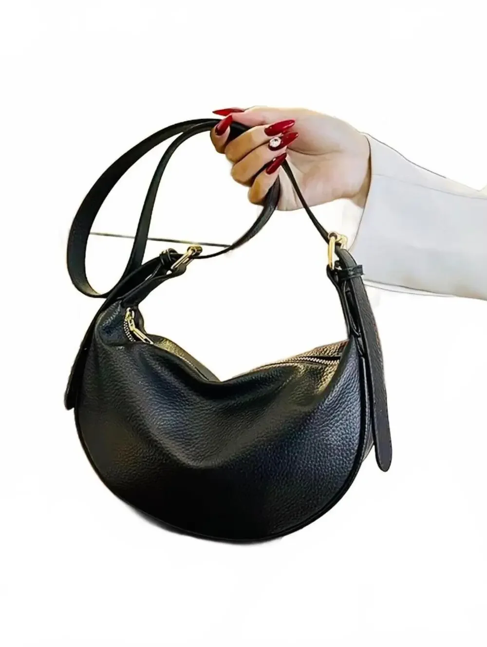New -Sleek & Stylish -Genuine Leather Crescent Hobo Bag -Black